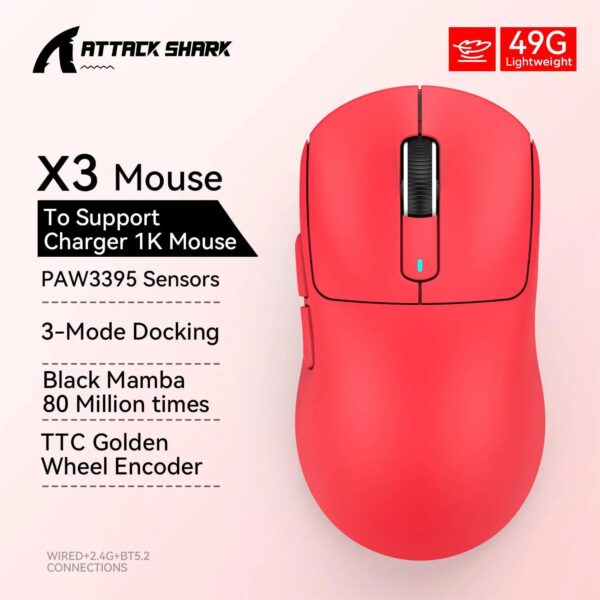 X3 Gaming Mouse Wireless ATTACK SHARK Red Color 4K Returns,Bluetooth Tri-Mode Connection,PAW3395,Macro Bluetooth Mouse Gaming - Image 9