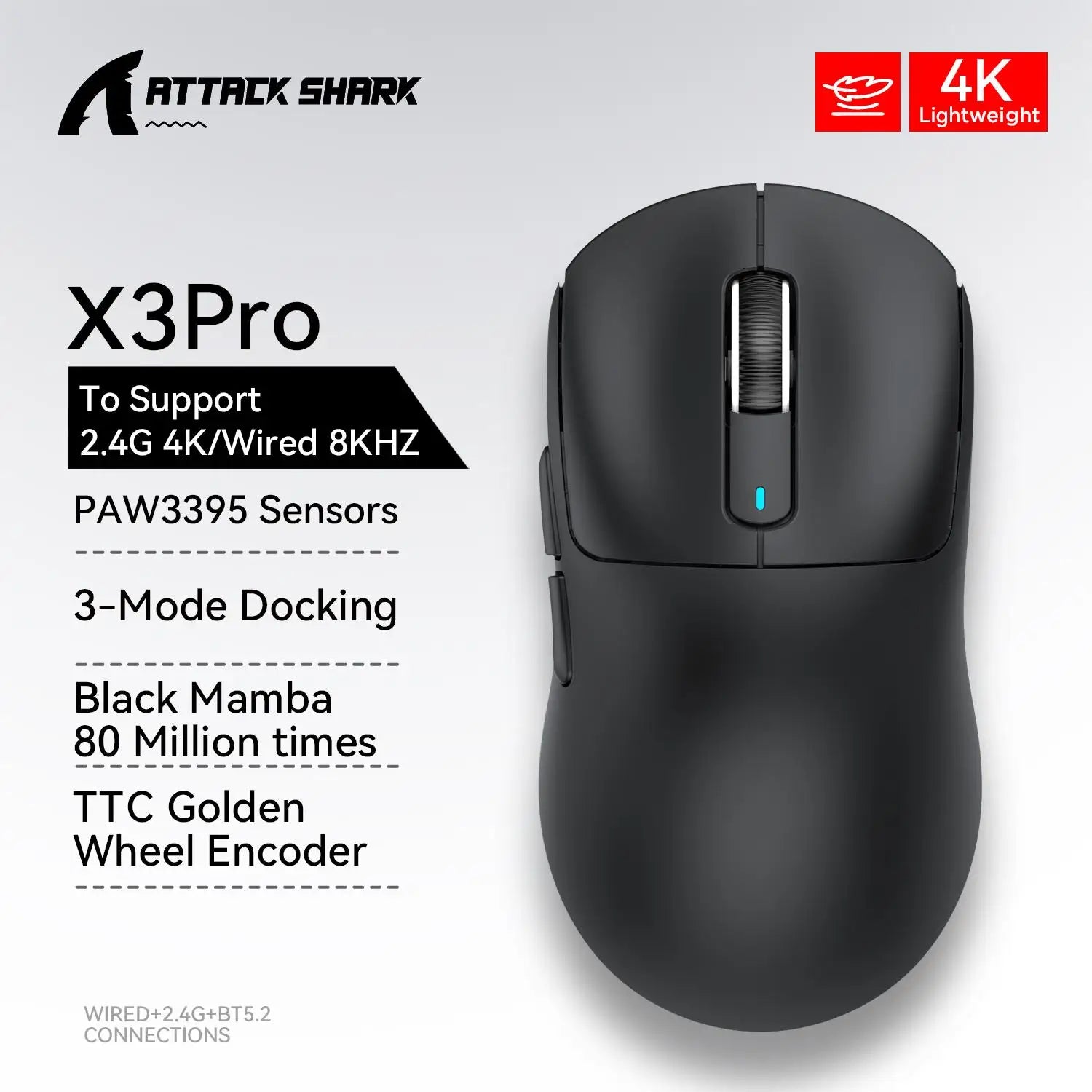 X3 Gaming Mouse Wireless ATTACK SHARK Red Color 4K Returns,Bluetooth Tri-Mode Connection,PAW3395,Macro Bluetooth Mouse Gaming - Image 12