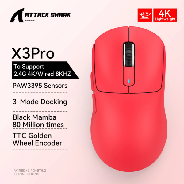 X3 Gaming Mouse Wireless ATTACK SHARK Red Color 4K Returns,Bluetooth Tri-Mode Connection,PAW3395,Macro Bluetooth Mouse Gaming - Image 10