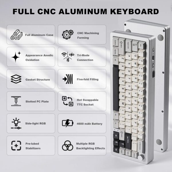 YUNZII AL66 Silver 66-Key CNC Aluminum Knob Wireless Bluetooth/2.4G/Wired Hot Swap Gasket Mounted RGB Mechanical Gaming Keyboard - Image 3