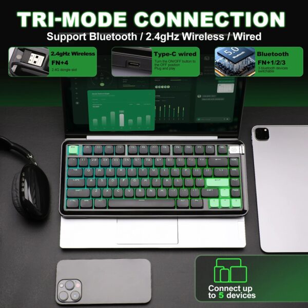 YUNZII L75 Wireless Mechanical Keyboard, 75% Portable Low Profile Slim Keyboard, Gasket Custom RGB Gaming Keyboard for Mac/Win - Image 3